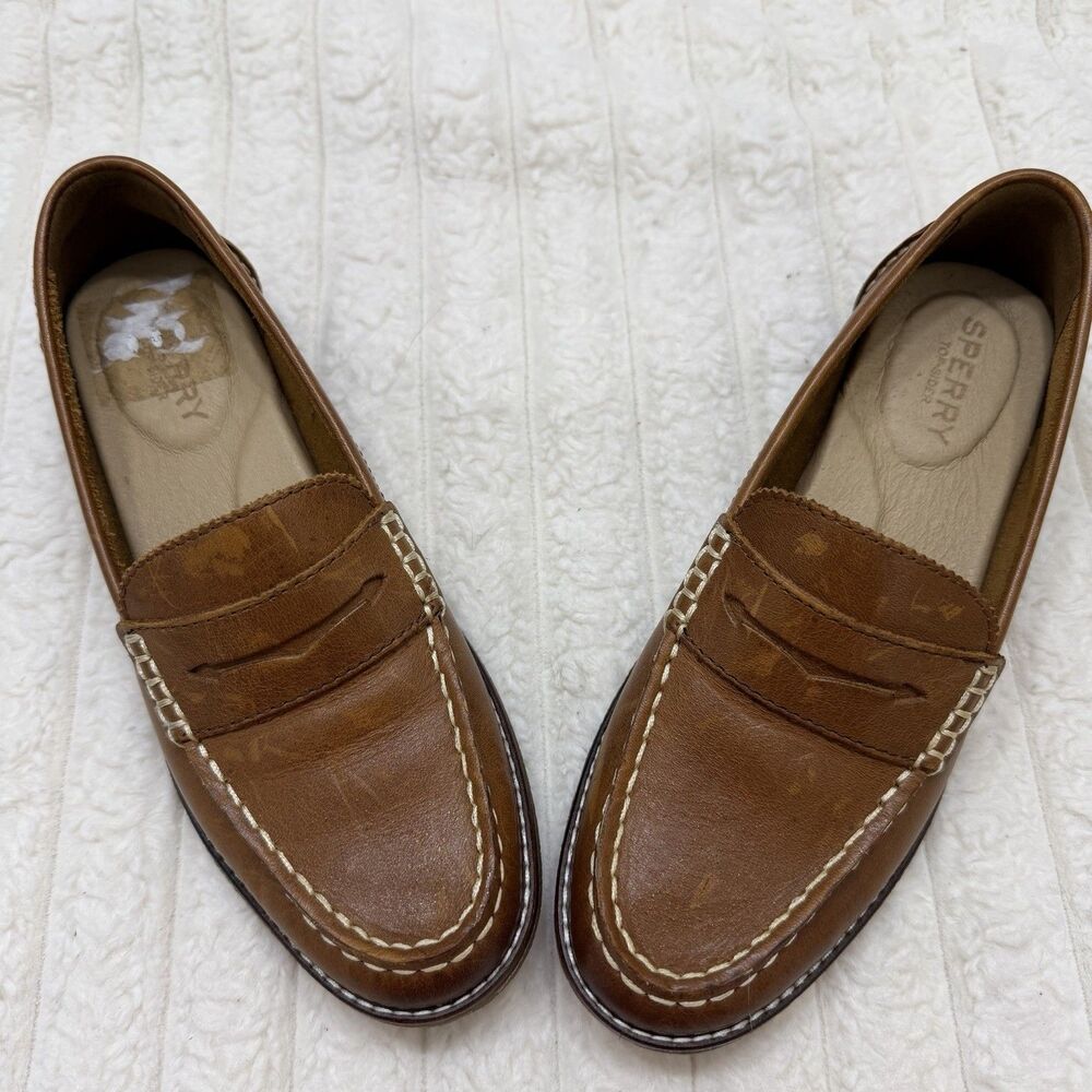 Women’s Sperry Top-Sider Brown Leather Penny Loafers Moc Toe Distressed Size 6
